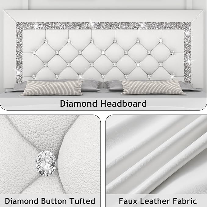 Twin Bed Frame, Faux Leather Platform Bed with Upholstered Diamond Headboard, Mattress Foundation with Strong Wooden Slats Support, No Box Spring Required, Easy Assembly, White