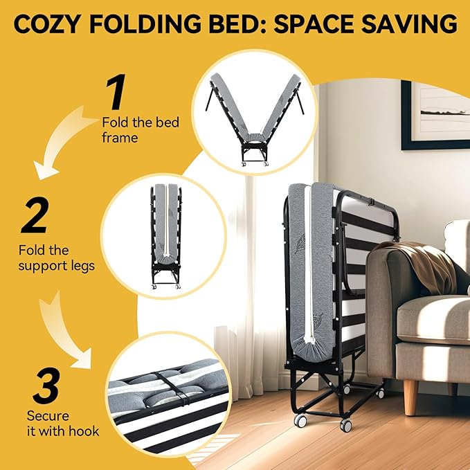 Folding Bed with Mattress for Adults, Single Size Portable Foldable Bed with Strong Metal & Wood Frame, Rollaway Guest, 75" x 31"