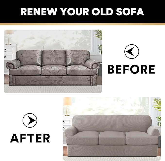 PrinceDeco T Cushion Sofa Slipcover 4 Pieces Sofa Covers for T Cushion Couch Soft Sofa Slip Covers Furniture Protector with 3 Individual T Shape Seat Covers Width Up to 88 Inch, Taupe
