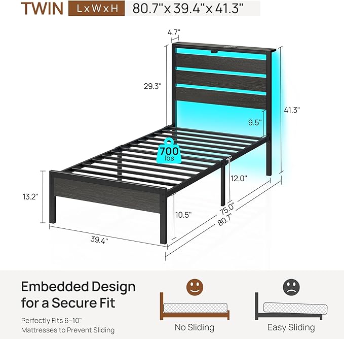 Rolanstar Twin Bed Frame with LED Lights and Charging Station, Wood Storage Headboard and Under Bed Storage, Metal Platform Bed, Easy Assembly, No Box Spring Needed, Balck Oak