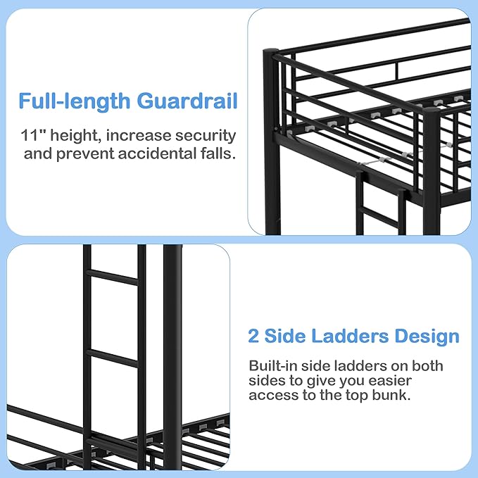 VECELO Bunk Bed Twin Over Twin with Trundle, Metal Bunkbeds with Ladder and Full-Length Guardrail, No Box Spring Needed, Space Saving, Noise Free, Black