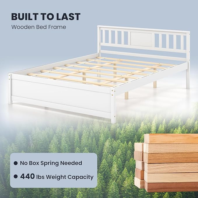 Giantex Queen Size Solid Wood Platform Bed Frame, Mid Century Queen Bed Frame with Headboard, Wooden Slat Support, Queen Panel Bed, No Box Spring Needed, Easy Assembly, White