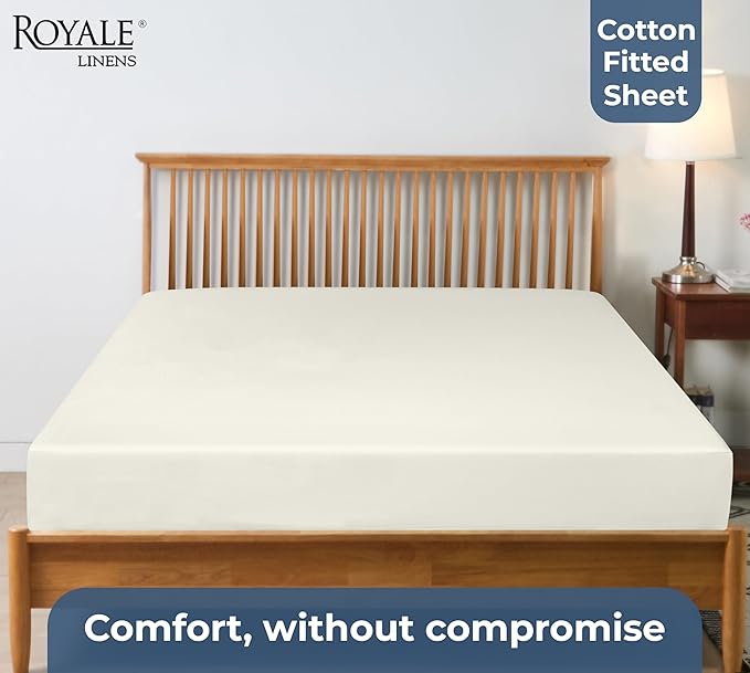 Royale Linens 100% Organic Cotton Fitted Sheet - Percale Weave - Super Soft Deep Pocket Bottom Sheets - Ivory Elastic Sheet Twin XL Size - Twin XL Fitted Sheets Only - (39"x80"+15", Ivory)
