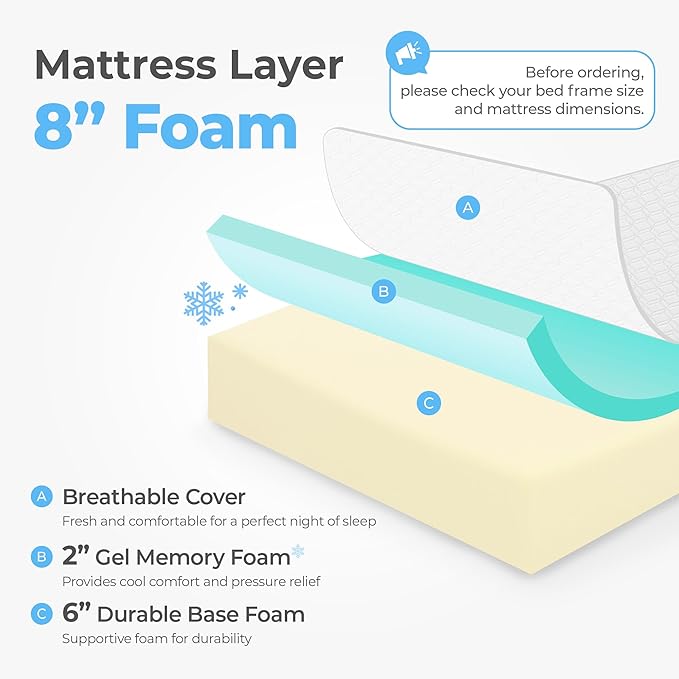 Neo Sleep 8 Inch Twin XL Cooling Green Tea Gel Memory Foam Medium-Firm Mattress Pressure Relief CertiPUR-US Certified Foam-in-a-Box Kids and Adults No Fiberglass (Twin XL, 8 in)