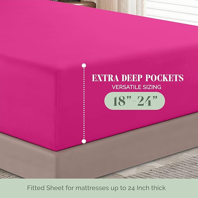 Elegant Comfort 1500 Premium Hotel Quality 18-24 Inches Deep - Extra Deep Pocket Single Fitted Sheet for High Mattress, Luxury and Softest, Smart Pocket - Wrinkle Free, Twin/Twin XL, Pink