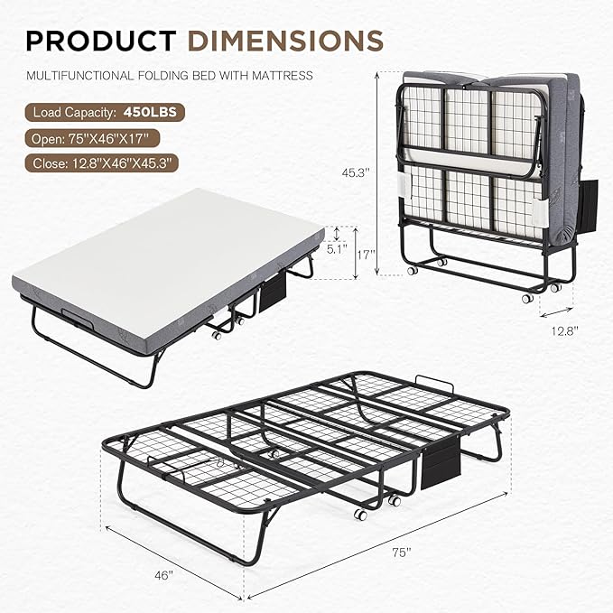 MELLCOM Large 75" x 46"Folding Bed with Mattress,Foldable Rollaway Bed with Mattress for Adults, 5 Inch Memory Foam Mattress,Portable Beds with Metal Frame&Side Pocket