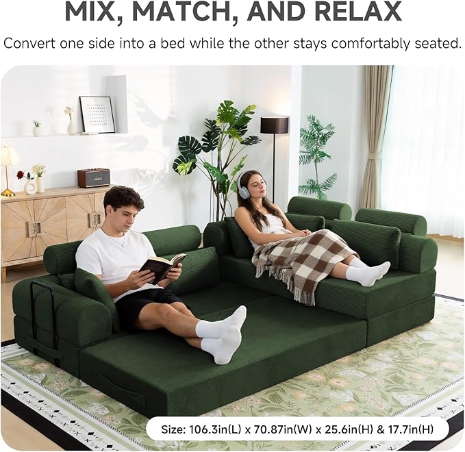106" L-Shaped Boneless Sectional Couch, 2-Piece 70.87" Modules, Converts to 141.7" Extra-Long Straight Sofa, Corduroy Couch in a Box with Headrest & Back Pillows for Living Room, Dark Green