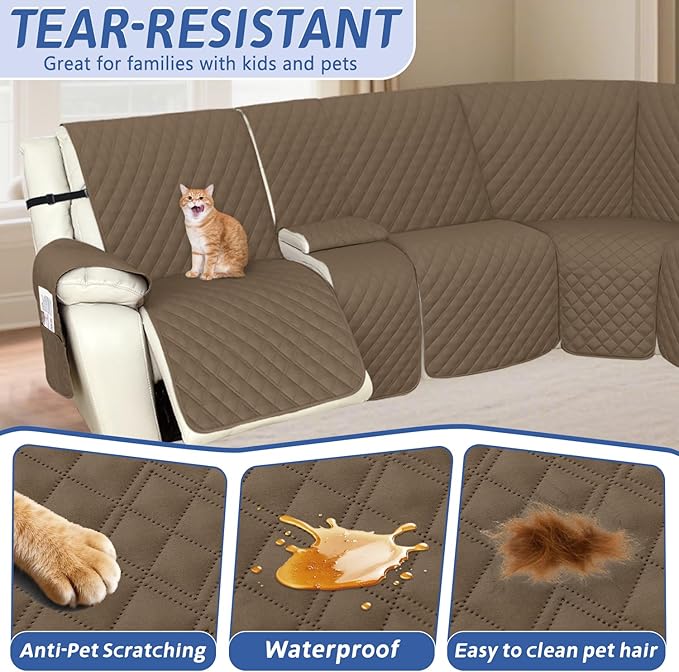 Arfntevss Recliner Sectional Couch Covers 1OO% Waterproof L Shape Sofa Cover for Reclining L Shaped Sectional Slipcover Dog Washable Corner Non Slip Protector (5 Seater with 2 Console, Light Brown)