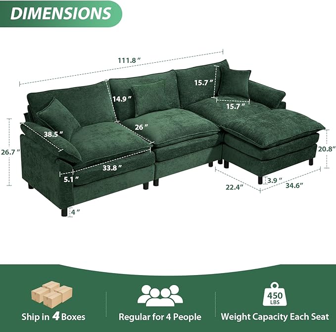 Oversized Modular Sectional Sofa, 111.8 Inch L Shaped Cloud Couch Set, 3-Seat Comfy Convertible Sofa with 1 Movable Ottoman, DIY Combination Sleeper Couch for Living Room(Chenille, Green)