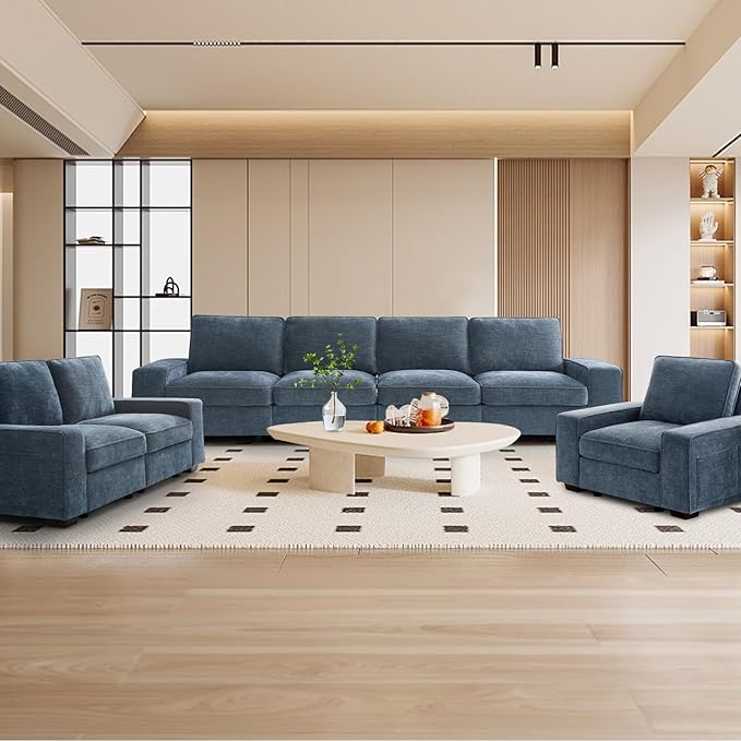 TEKAMON 128" Modular Sofa Couch with Seat Storage, Modern Comfy 4-Seater Long Couch for Living Room, Office, Apart, Chenille Sofa, Wide Armrest, USB Charging, Pockets, Washable Covers (Blue)