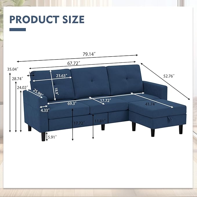 79" Convertible Sectional Sofa, Small L Shaped 3 Seat Couch with Storage Chaise and Side Pocket, Modern Linen Fabric Reversible Sofa Couches for Living Room, Apartment and Small Space