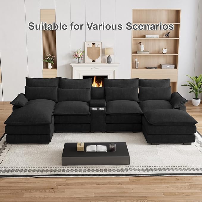 135" U Shaped Cloud Couch Sectional Modular Sectional Couches for Living Room Oversized Comfy Chenille Sofa Cloud Couch Set with Storage Central Console, USB Ports, Chaise Lounge, Ottoman, Black
