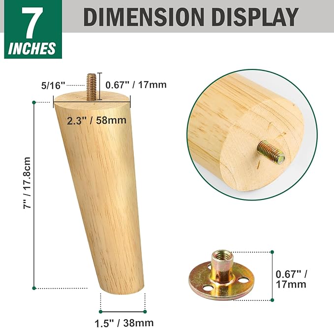 FoDau770 Rubber Wood Furniture Legs 7 Inches, Slant Tapered Wood Feet Mid Century Sofa Legs Set of 4, 5/16" UNC Furniture Feet Replacement Parts for Cabinet Couch Dresser Chair Ottoman Table