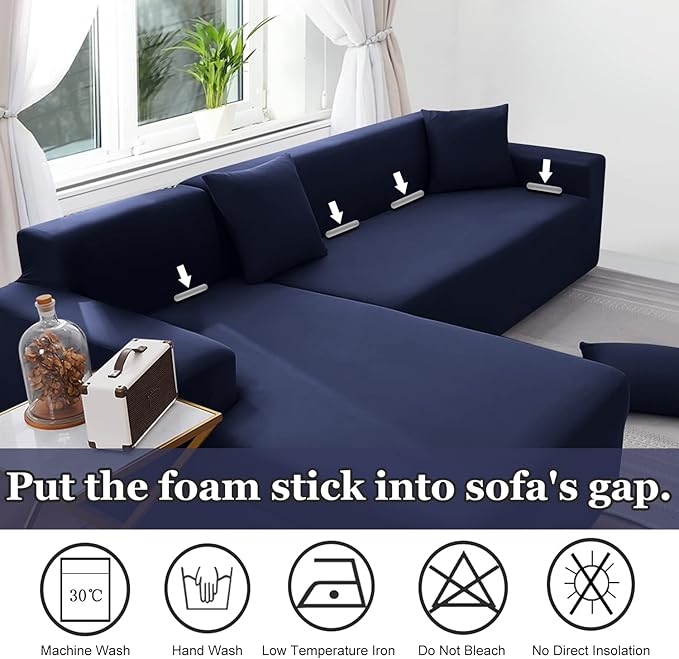 NAISI Couch Cover L Shape 2 Pieces Sofa Cover Soft Stretch Slipcovers with 2pcs Pillowcases Furniture Protector Sectional Couch Covers 3 Seater + 3 Seater(Navy)