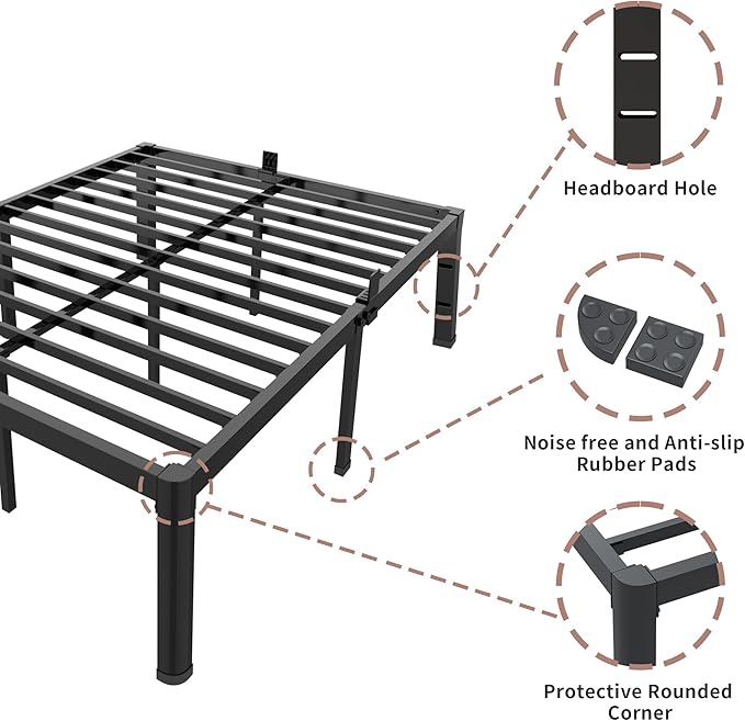 ROIL 12 inch Full Size Bed Frame with Headboard Hole and Round Corner Legs Mattress Retainers 3500LBS Heavy Duty Steel Slats No Box Spring Needed Platform Noise-Free Underneath Storage