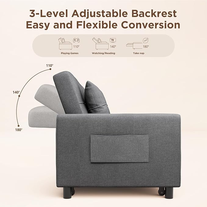 Aiho 58" Sleeper Sofa Bed, Pull-Out Couch with Adjustable Backrest and Side Pocket for Living Room (Dark Gray)