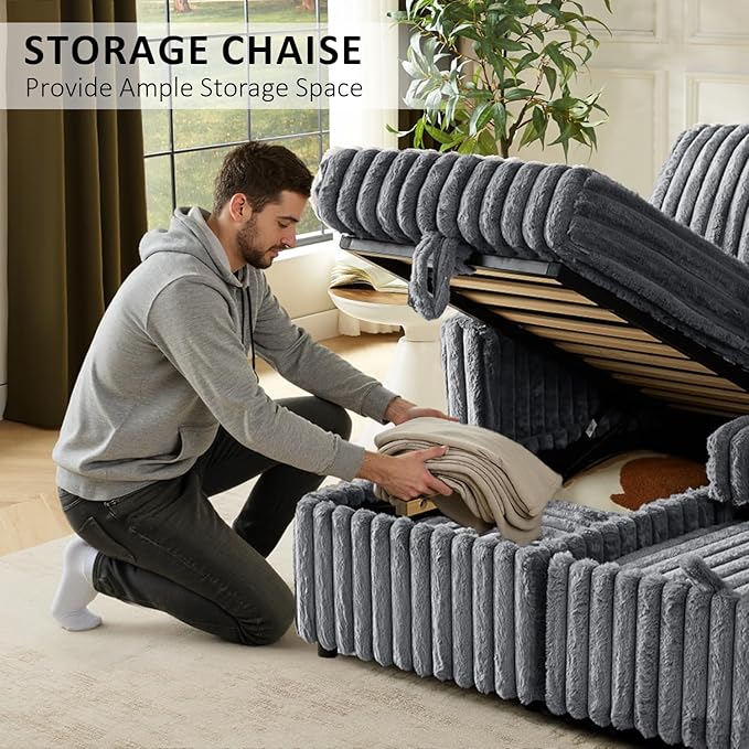 Sleeper Sofa Bed, 81” Pull Out Couch Bed with Reversible Storage Chaise, 3 in 1 L-Shaped Couch with Charging Station, Cup Holder, Side Pocket, Plush Corduroy Couches for Living Room(Light Grey)