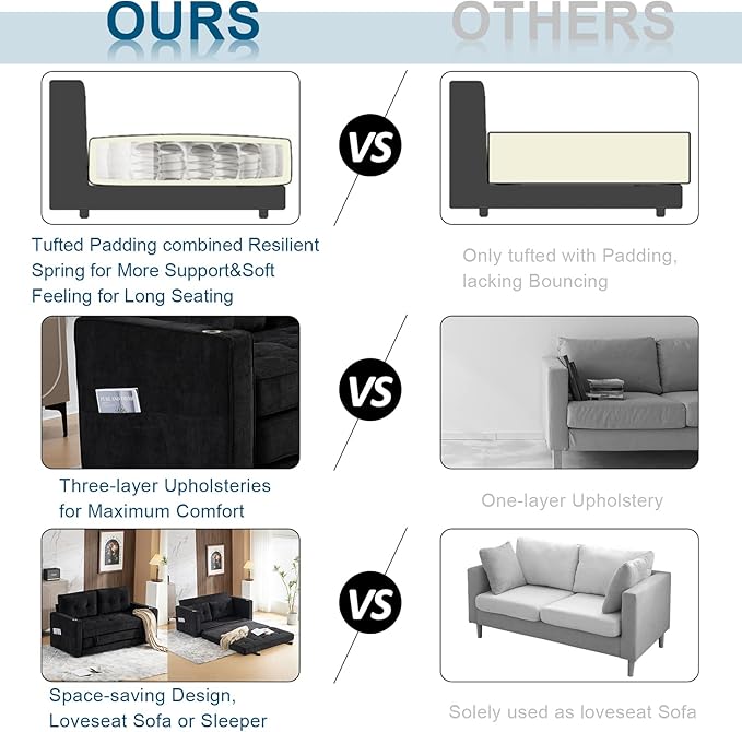 VINGLI Upgraded 64" W 84" L Full Size Futon Sofa Bed, 6" Thick Upholstery Chenille Loveseat Sofa Sleeper Pull Out Couch,Convertible Floor Couch for Living Room, Bedroom, Entertainment Room, Black