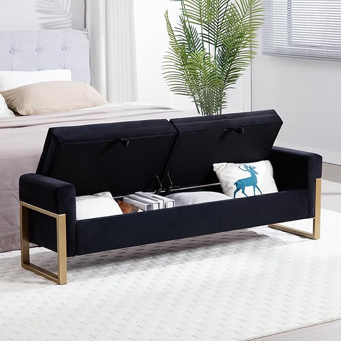 67" End of Bed Storage Bench for Bedroom King Size, Double Lids Storage Ottoman Bench with Golden Legs, Velvet Bed Bench for Living Room Window Entryway, Black