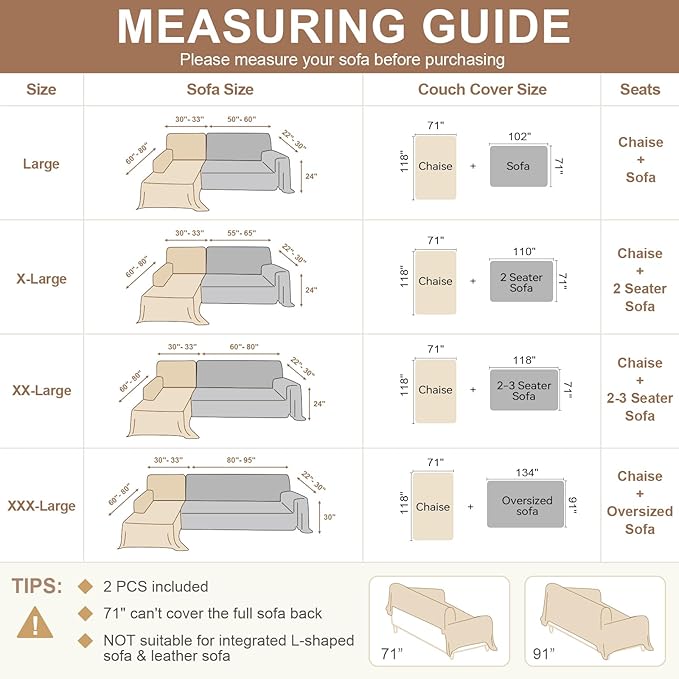 OstepDecor Boho Sectional Couch Covers 2 Pieces, L Shaped Sofa Cover, Chenille Couch Cover for Dogs Washable, Couch Cover Blanket, Sofa Slipcover for 2-3 Cushion Couch (71"x118"+71"x118", Khaki)