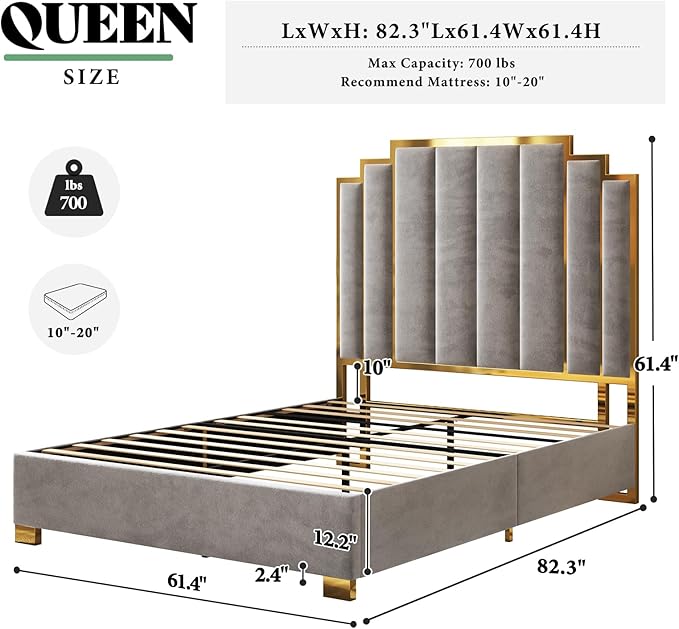 AMERLIFE Queen Size Upholstered Bed, Modern Velvet Bed Frame with 61.4” Tall Gold Trim Headboard, No Box Spring Needed, Grey