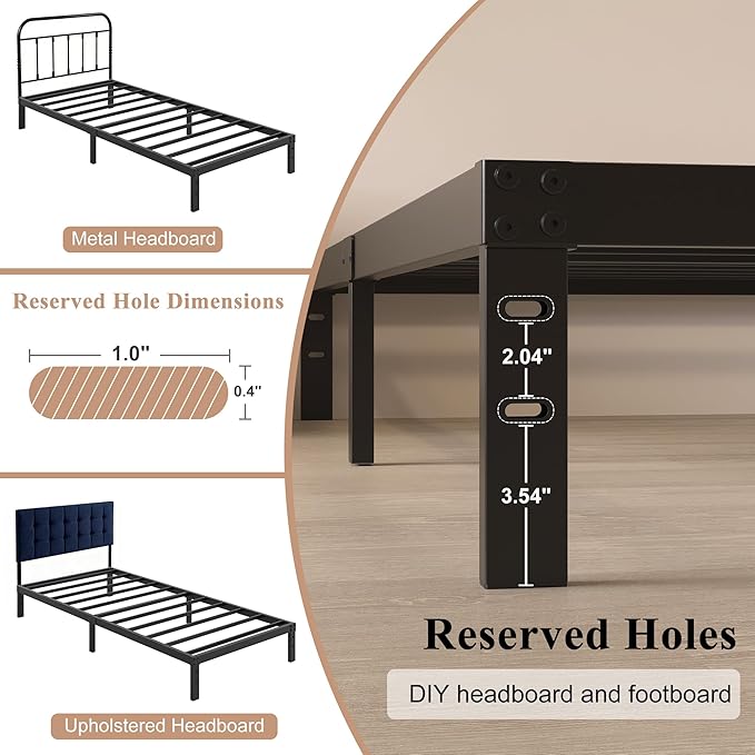 HOBINCHE 10 Inch Twin Size Bed Frame - No Box Spring Needed Heavy Duty Metal Platform Mattress Foundation with Steel Slats, Non-Slip Noise Free Easy Assembly Black Bedframes