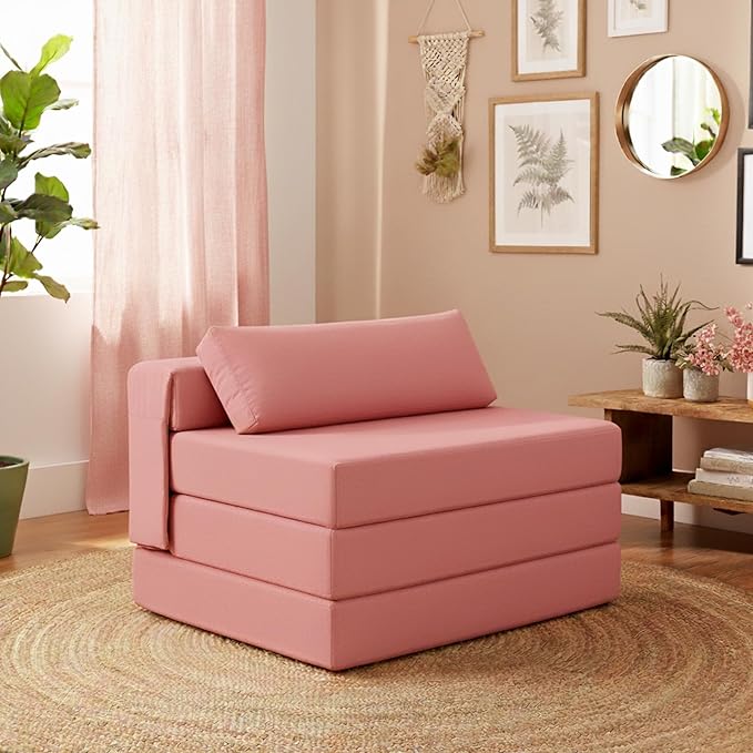 Tiita Folding Sofa Bed Chair, 4-Fold Convertible Sleeper Chair with Lumbar Pillow, Washable Cover & Side Pocket, Floor Couch Bed with Raised Seat, Single Size for Small Spaces, Pink