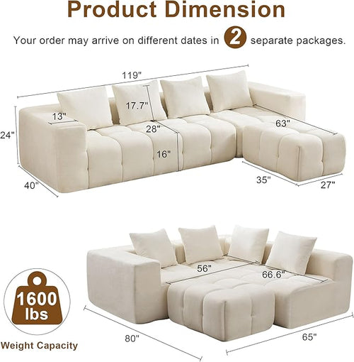 119" Boneless Couch, Cloud Sectional Couch with Deep Seat, High-Density Memory Foam and Chaise, Sectional L Shaped Sofa, Boneless Couches for Living Room, No Assembly Required Tufted Sofa, Beige