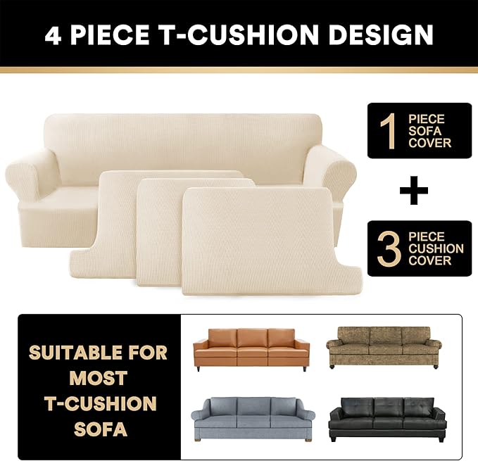 PrinceDeco T Cushion Sofa Slipcover 4 Pieces Sofa Covers for T Cushion Couch Soft Sofa Slip Covers Furniture Protector with 3 Individual T Shape Seat Covers (70"-88") Washable, Natural