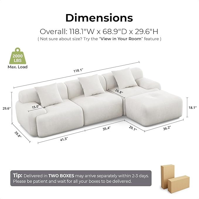 LIKIMIO LumiCord Modular Sectional Sofa with Ottoman, 118" L-Shaped Boneless Couch for Living Room, Oversized Deep Seat with Corduroy Upholstery, No Assembly Required, Beige