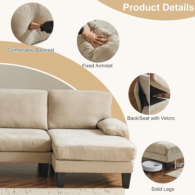 Karl home 111" Sectional Sofa U-Shaped 4-Seat Couch with Chaises Wood Grian Legs Chenille Fabric Upholstered for Living Room, Apartment, Office, Khaki