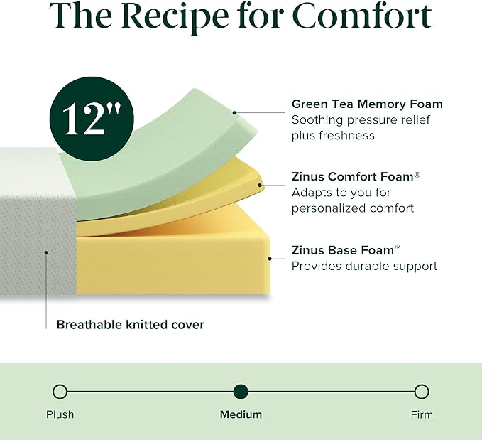 Zinus 12 Inch Full Green Tea Memory Foam Mattress [New Version], Fiberglass Free, Medium Firm Feel, Zoned Pressure Relief, Certified Safe Foams & Fabric, Mattress in A Box