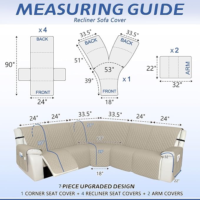 Arfntevss Recliner Sectional Couch Covers 1OO% Waterproof L Shape Sofa Cover for Reclining L Shaped Sectional Slipcover for Dog Washable Corner Non Slip Furniture Protector (5 Seater, Light Khaki)