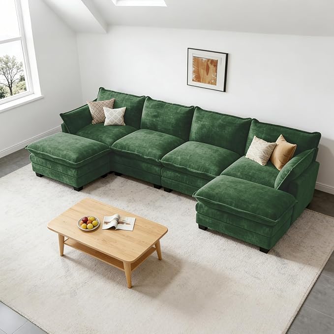 Modular Sectional U Shaped Sofa Couches for Living Room, Cloud Couch with Movable Ottoman, Comfy Chenille Sofa with Pillow for Bedroom and Apartment,Green