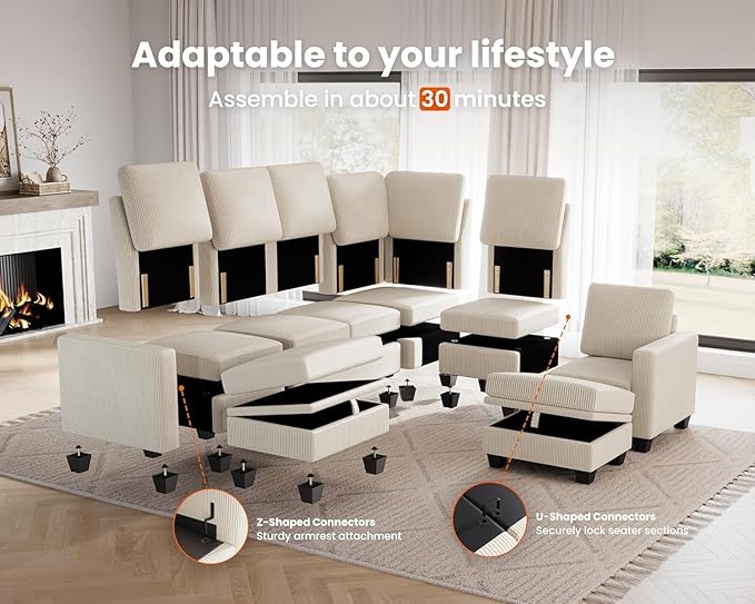 CHIC HOUSE Modular Sectional Sofa with Storage Ottomans, Corduroy Cloud Couch for Small Spaces & Apartments, Reconfigurable L/U Shaped Convertible Corner Sofa, Beige, 4 Seater Sectional