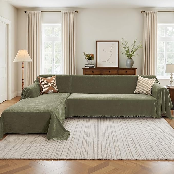 Sectional Couch Covers, 2 Pieces Chenille Sofa Cover L Shaped Couch Cover Blanket for Dogs Washable Sofa Slipcovers Pet Furniture Protector (XXX-Large: 71" x 118" + 91" x 134", Sage Green)