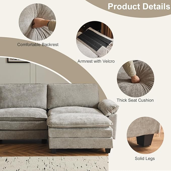 Karl home Sectional Sofa Modular Deep Seat Sofa Couch with Ottoman, Chenille Sofa Sleeper Comfy Upholstered Furniture for Living Room, Apartment, Studio, Office, (3-Seat & 1-Ottoman, Light Gray)