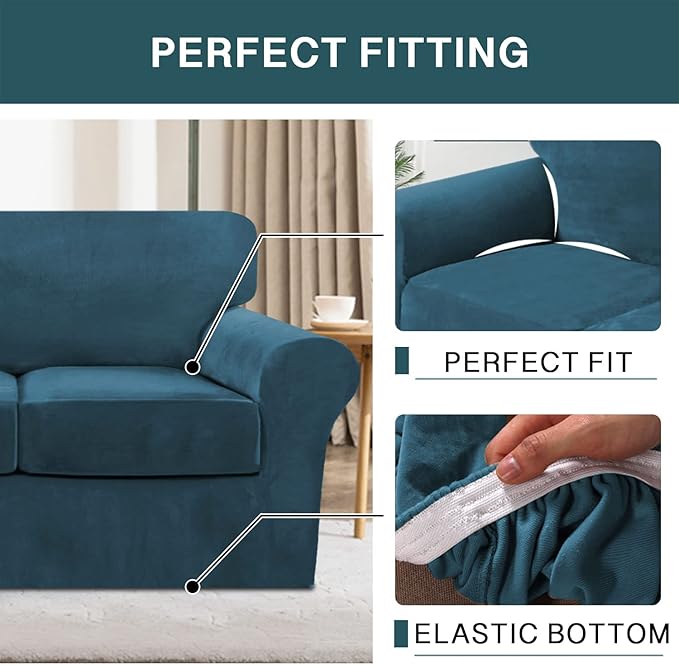 FantasDecor 3 Piece Sofa Covers Velvet for 2 Cushion Couch Stretch Loveseat Slipcover with Individual Seat Elastic Furniture Protector for Pets (Loveseat, Deep Teal)