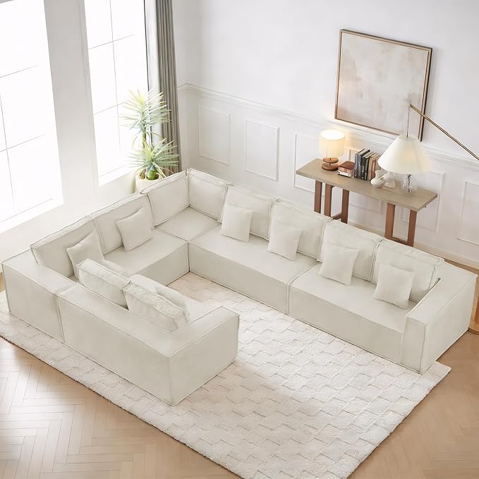 167'' Boneless Chenille U Shaped Couch, Oversized Modular Sectional 9 Seater Sofa, Modern Deep Seat Corner Cloud Compressed Couch, No Assembly Sleeper Sofa with Chaise for Living Room, Beige