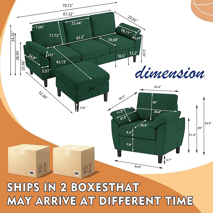 3 Piece Convertible Sectional Sofa Set, Modern Linen Small L Shaped Couch with Reversible Ottoman and Accent Chair, 3-Seat Sofa Couches for Living Room, Office, Apartment, Green