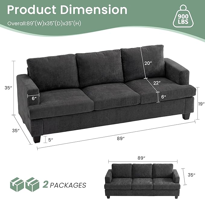 YOUDENOVA Sofa, 3 Piece Set Comfy Sofa, Loveseat & 2 3-Seater Couch with Deep Seats for Living Room, Modern Sleeper Couch, Dark Grey Chenille