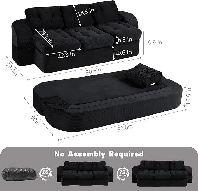 MeMoreCool Floor Sofa Black Boneless Cloud Couch – 3-Seater Convertible Sofa Bed, Tufted Corduroy, No Assembly Modular Cushion Design, Compressed in a Box, for Living Room and Bedroom