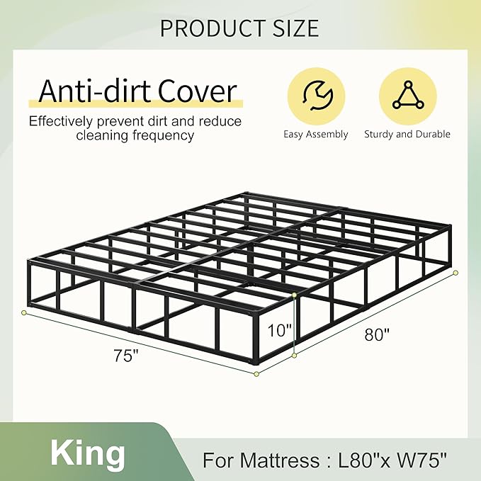 Lutown-Teen 10 Inch King Box Spring High Profile, Heavy Duty Metal King Size Box Spring Bed Base with Fabric Cover, Mattress Foundation, Noise Free, Easy Assembly