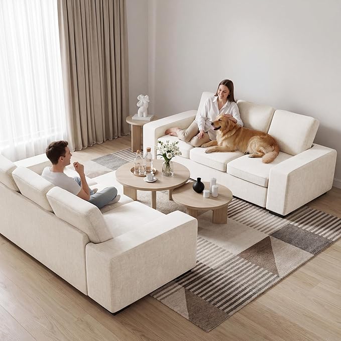 ELUCHANG 85" Modern Couches for Living Room, Natural Linen 3 Seat Sofa, Comfy Deep Seat Sofa, Spring Cushions, Removable Cover, Solid Wood Frame, Easy Assembly Loveseat for Small Space, Beige, 2PCS | Breathable material, Easy to Assemble, Removable Cov...