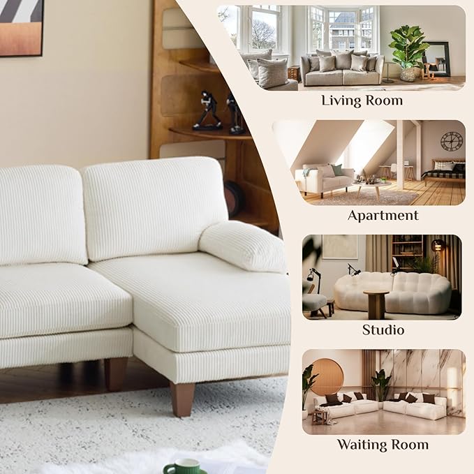Karl home U-Shape Sectional Sofa Couch 111" Modern 4-Seat Sofa with Chaises Corduroy Fabric Upholstered Covertible Couch with Wood Grain Legs for Living Room, Reception Room, Apartment, Beige