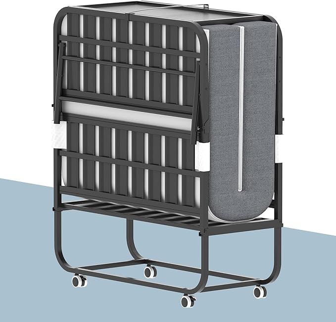 Folding Bed, 74"x38" Portable Beds for Adults, Heavy Duty Sturdy Metal Frame, Foldable Bed on Wheels for Twin Size, Space Saving Rollaway Bed for Guest Easy Storage (Headboard)