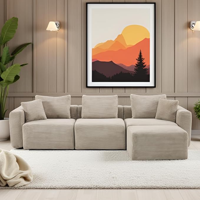 Karl home 112" Sectional Couch with Movable Ottoman, Modern Corduroy Cloud Sofa Set with Deep Seat, Convertible L-Shape Boneless Couch for Living Room, Apartment, Studio, Khaki
