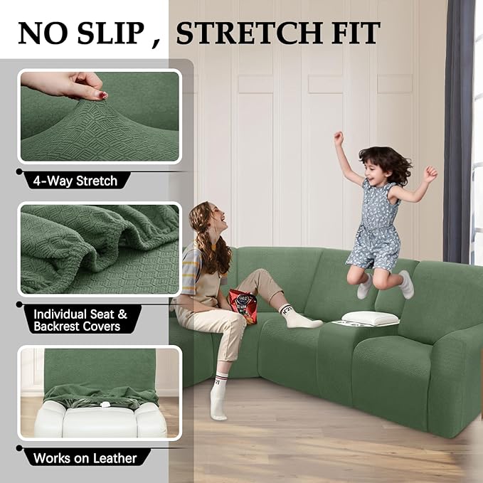 Waterproof Reclining Sectional Couch Covers Washable L Shaped Couch Cover for Sectionals Recliner Sofa Covers Stretch Corner Recliner Slipcovers for Dogs (5 Seater 2 Console Cover, Green)