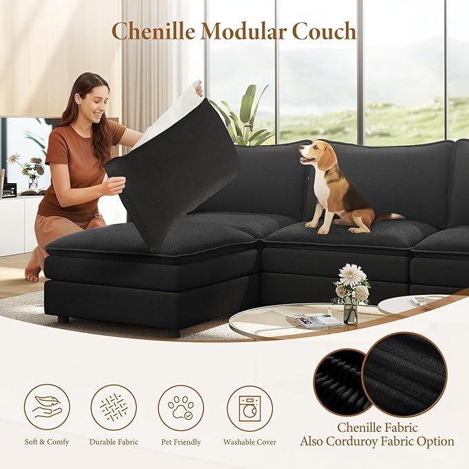 Vesgantti 108" Modular Sectional Sofa, Comfy Cloud Couch with Flexible Ottoman Deep Seat Chenille L Shaped Modular Sofa, Sectional Couches for Living Room, Bedroom and Apartment, Black