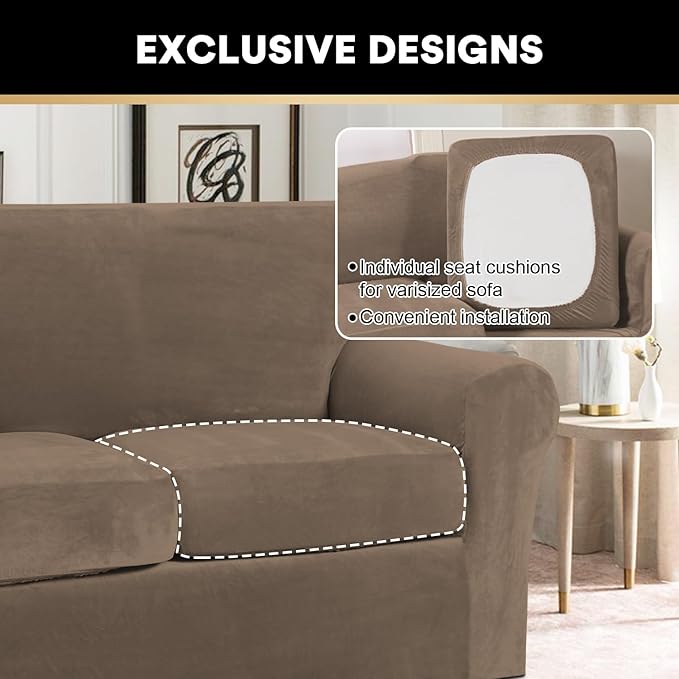 PrinceDeco Velvet Couch Covers for Sofa Soft 4 Pieces Couch Covers for 3 Cushion Couch Sofa Pet Friendly Furniture Protector with Non Slip Elastic Bottom Width Up to 97 Inch (Large Sofas, Mocha)